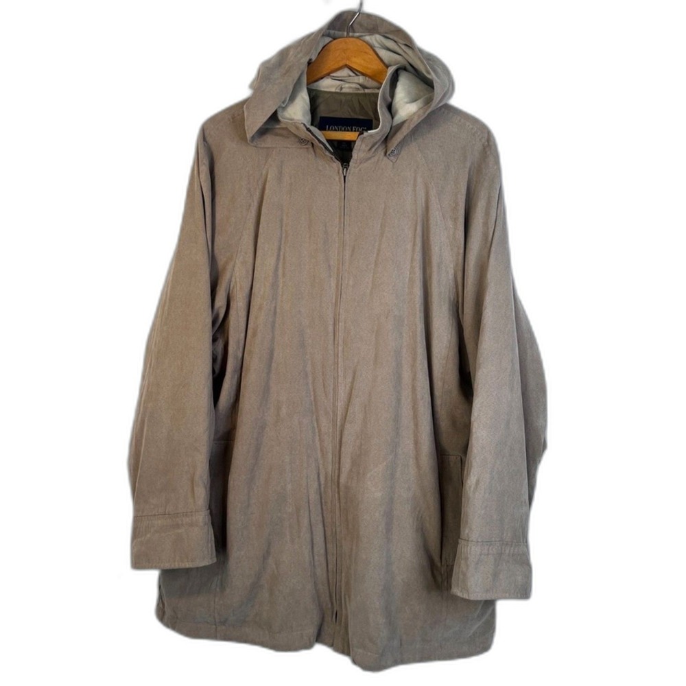 London Fog Jacket Short Trench Coat Faux Suede Hooded Full Zip Transitional XL